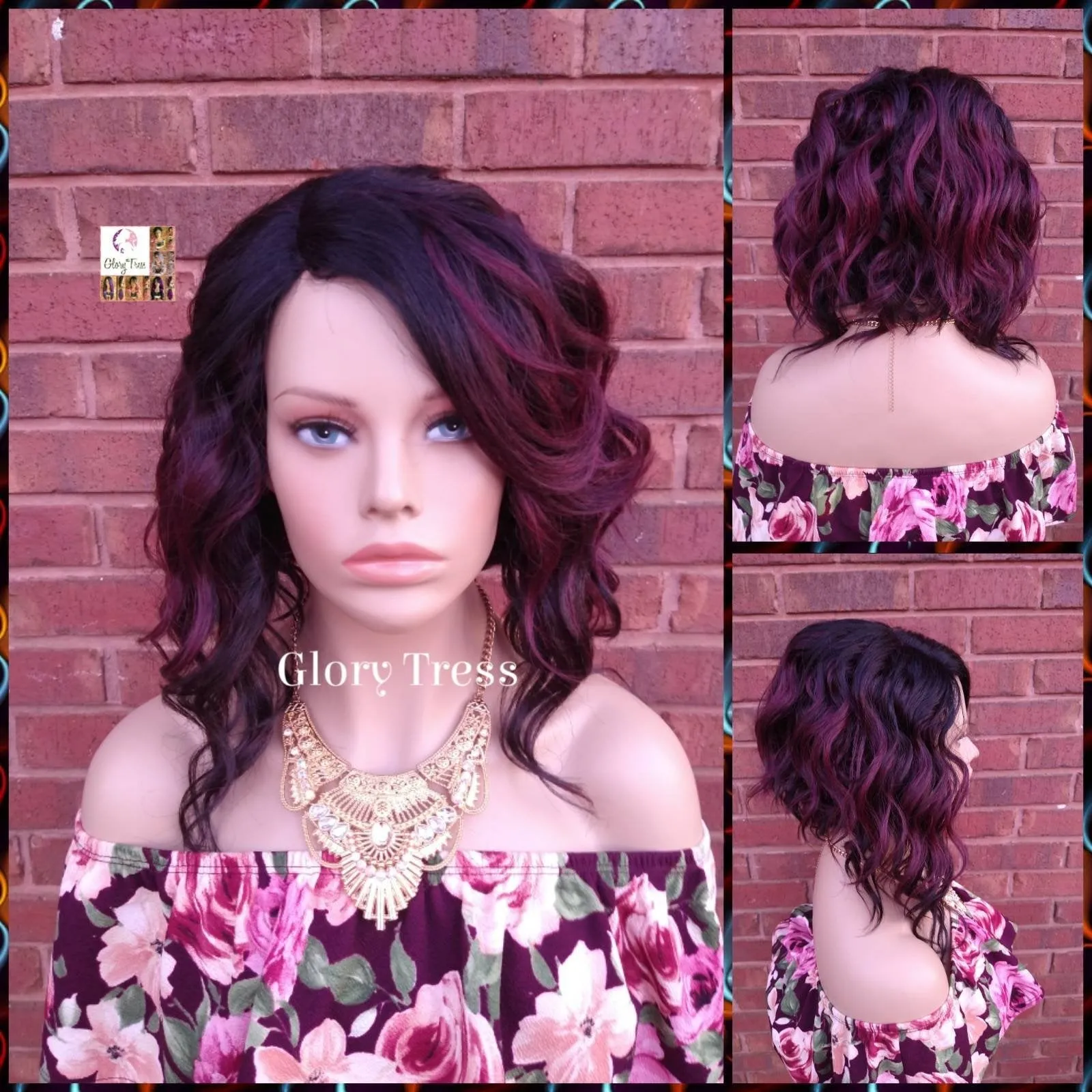 Wavy Full Wig, Bob Wig, Ombre Burgundy Wig, Wavy Bob Wig, Lace Part Wig, Ready To Ship // JOURNEY