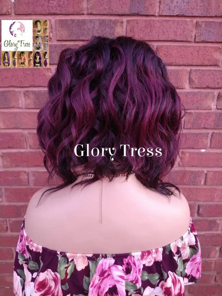 Wavy Full Wig, Bob Wig, Ombre Burgundy Wig, Wavy Bob Wig, Lace Part Wig, Ready To Ship // JOURNEY