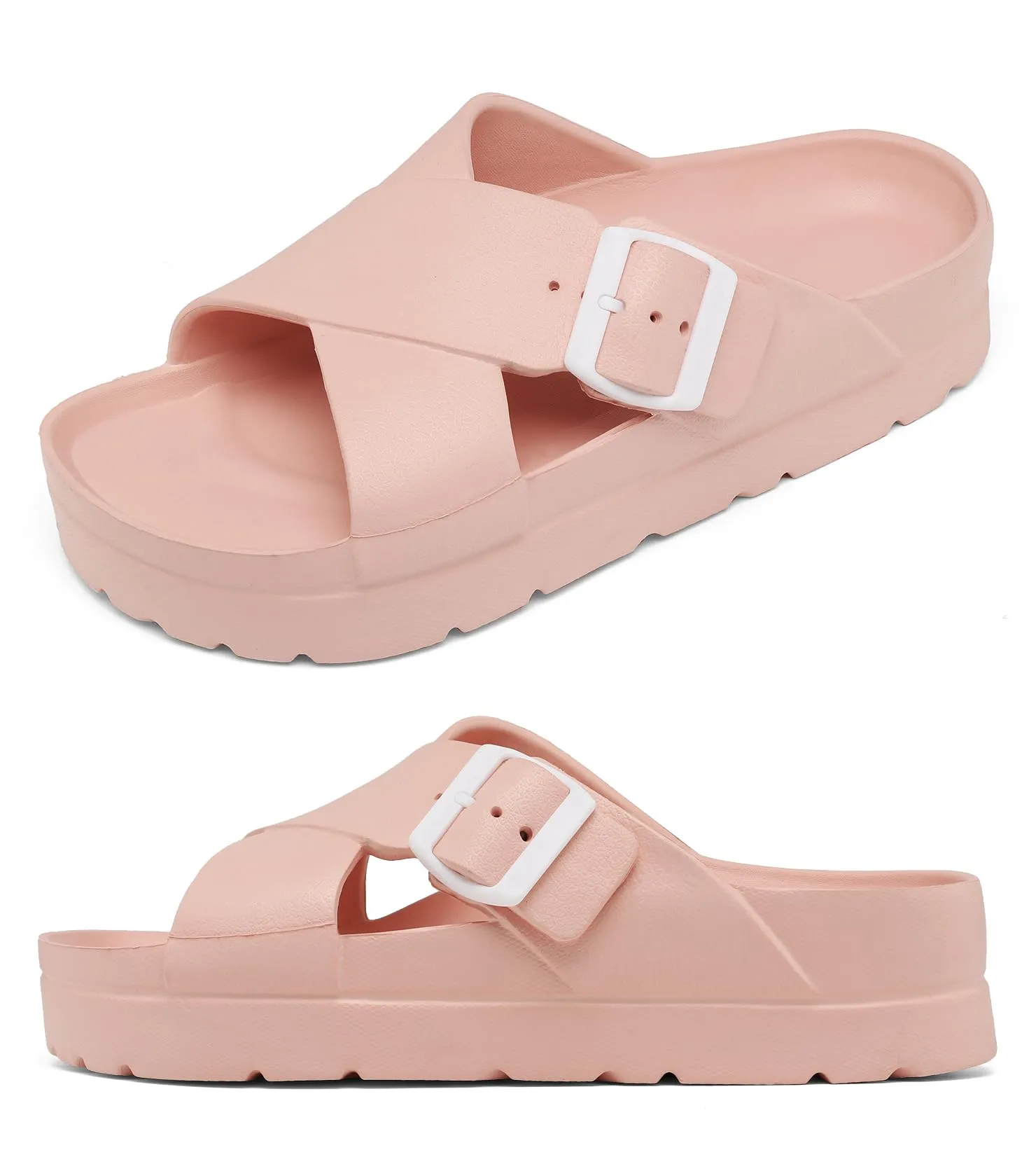 Womens Platform Sandals with Arch Support, Adjustable Buckle Beach Sandal Woman Comfort Lightweight Ultra Cushion EVA Slides